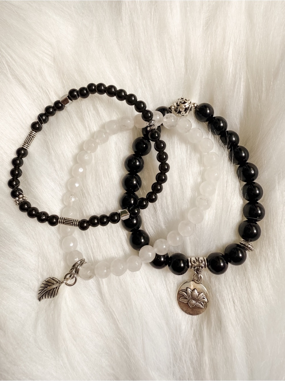 Lotus Obsidian Charm Bracelet Trio - Crystal Bracelet Layering Set